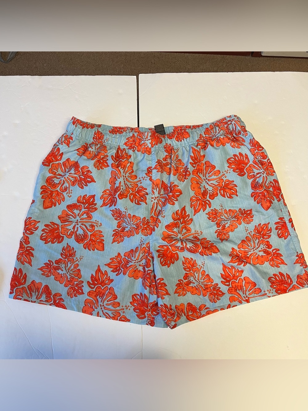 OP Men’s Swim Trunks XL Blue Coral Floral Hawaiian Beach Elastic Drawstring